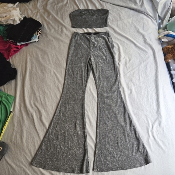Shein SXY Silver Glitter Stretchy Tube Top & Flare Pants Set Party Evening - Picture 12 of 12